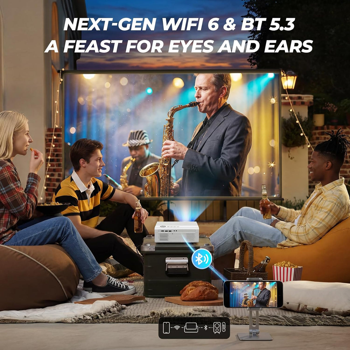 Smart Projector with Wifi and Bluetooth, Proyector-4K with Official Apps, 2000 ANSI AI Auto Focus 50W Dolby Quiet, Indoor Outdoor Projector Ceiling for Bedroom, Backyard, Camping — product view 6