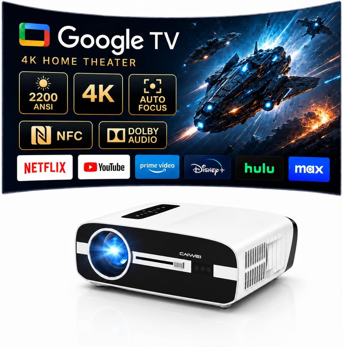 Smart Google TV 4K Projector Home Daylight 2200 ANSI Lumen Wifi Bluetooth | Auto Focus, Dolby Audio, HDMI Arc Nfc/Airplay Wireless Cast for Iphone, Video Projectors Outdoor Indoor