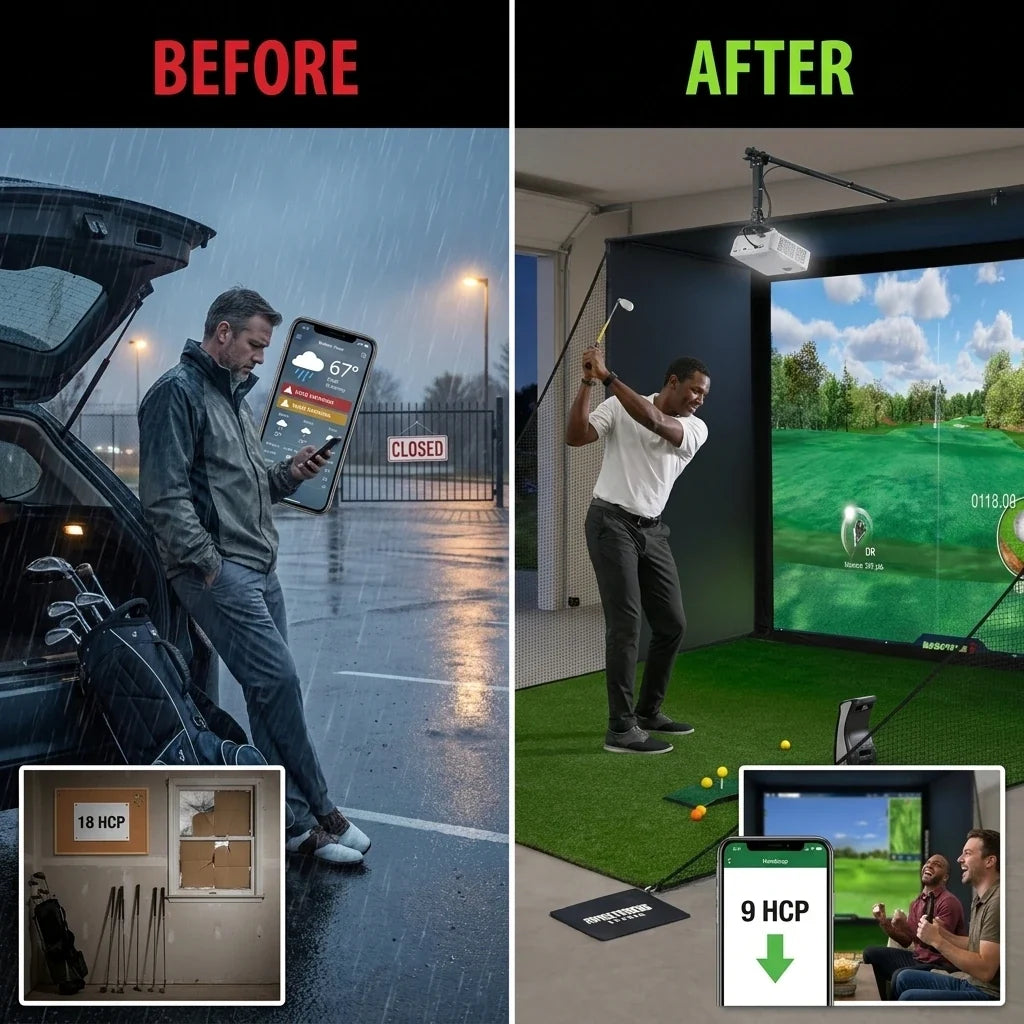 Complete Golf Simulator Enclosure Package – 4K-Ready Impact Screen with Blackout Cage, Projector Mount, Frame Poles, Side Shank Nets | Indoor & Garage Practice | Easy Setup | 12-Month Warranty — Before & After