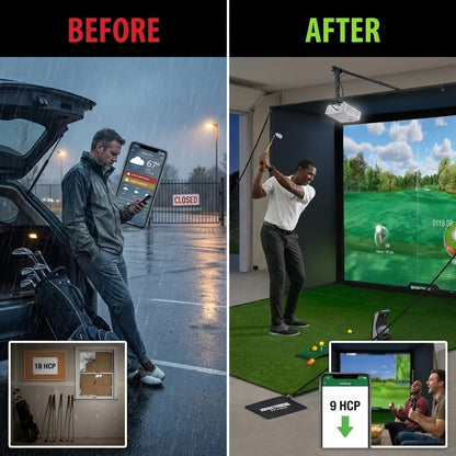 Complete Golf Simulator Enclosure Package – 4K-Ready Impact Screen with Blackout Cage, Projector Mount, Frame Poles, Side Shank Nets | Indoor & Garage Practice | Easy Setup | 12-Month Warranty — Before & After