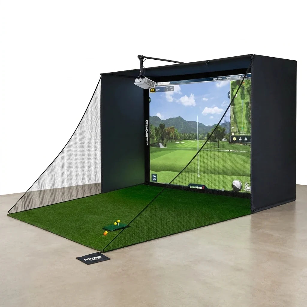 Complete Golf Simulator Enclosure Package – 4K-Ready Impact Screen with Blackout Cage, Projector Mount, Frame Poles, Side Shank Nets | Indoor & Garage Practice | Easy Setup | 12-Month Warranty — Studio Shot