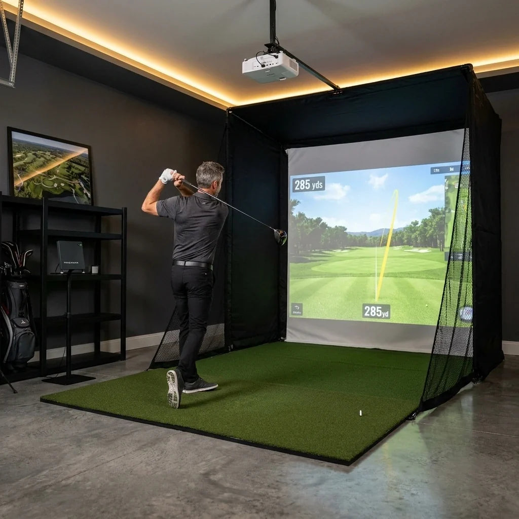 Complete Golf Simulator Enclosure Package – 4K-Ready Impact Screen with Blackout Cage, Projector Mount, Frame Poles, Side Shank Nets | Indoor & Garage Practice | Easy Setup | 12-Month Warranty — Lifestyle