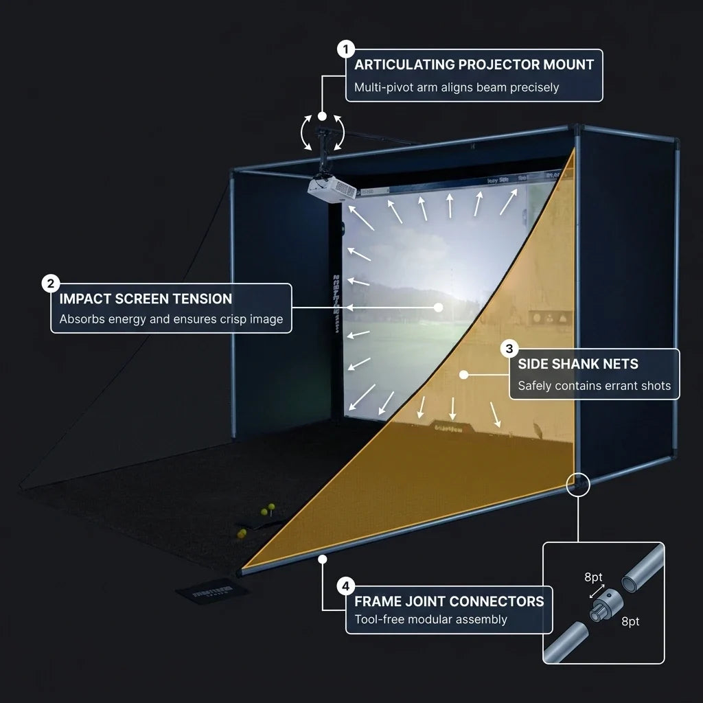 Complete Golf Simulator Enclosure Package – 4K-Ready Impact Screen with Blackout Cage, Projector Mount, Frame Poles, Side Shank Nets | Indoor & Garage Practice | Easy Setup | 12-Month Warranty — How It Works