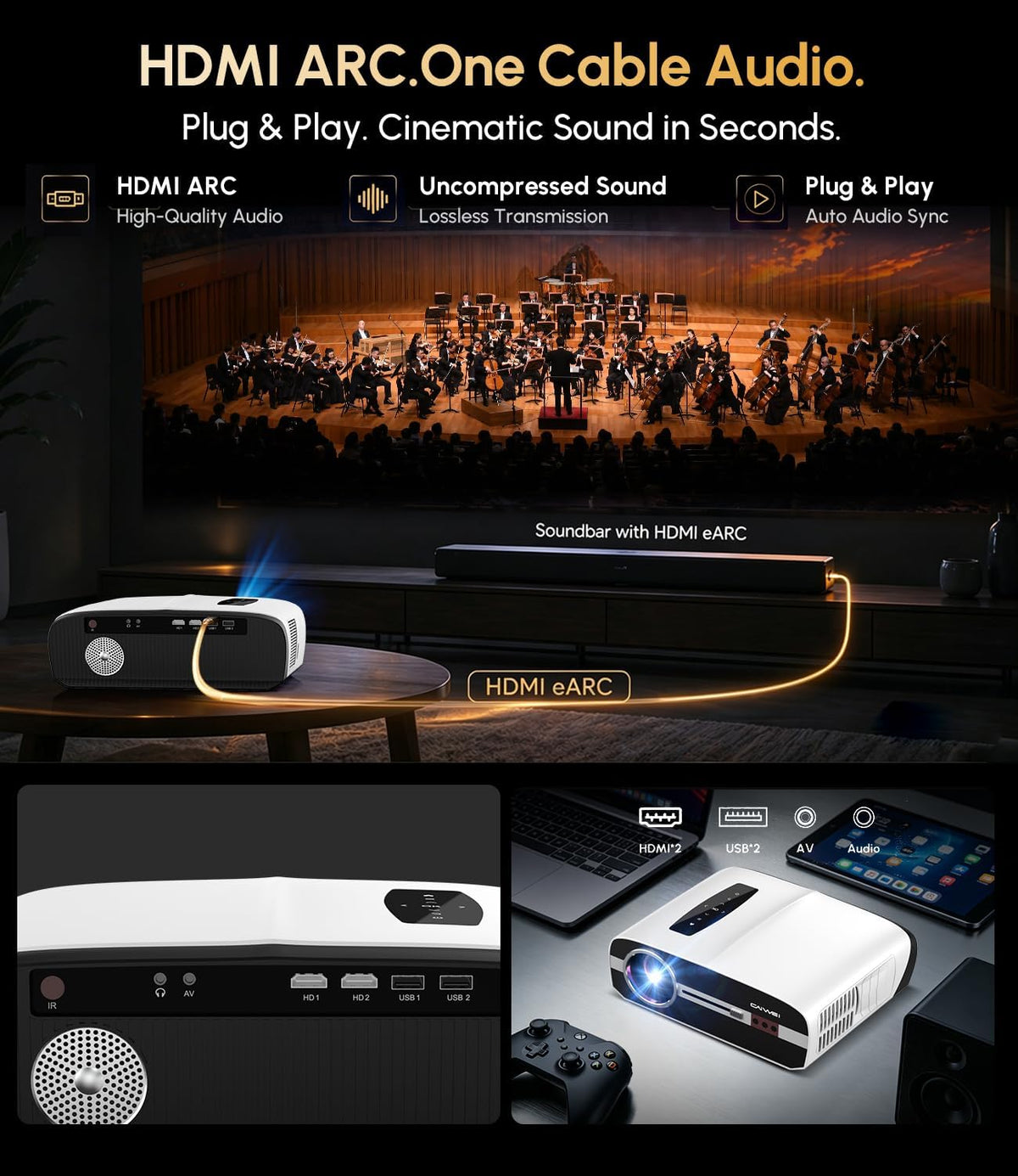 Smart Google TV 4K Projector Home Daylight 2200 ANSI Lumen Wifi Bluetooth | Auto Focus, Dolby Audio, HDMI Arc Nfc/Airplay Wireless Cast for Iphone, Video Projectors Outdoor Indoor