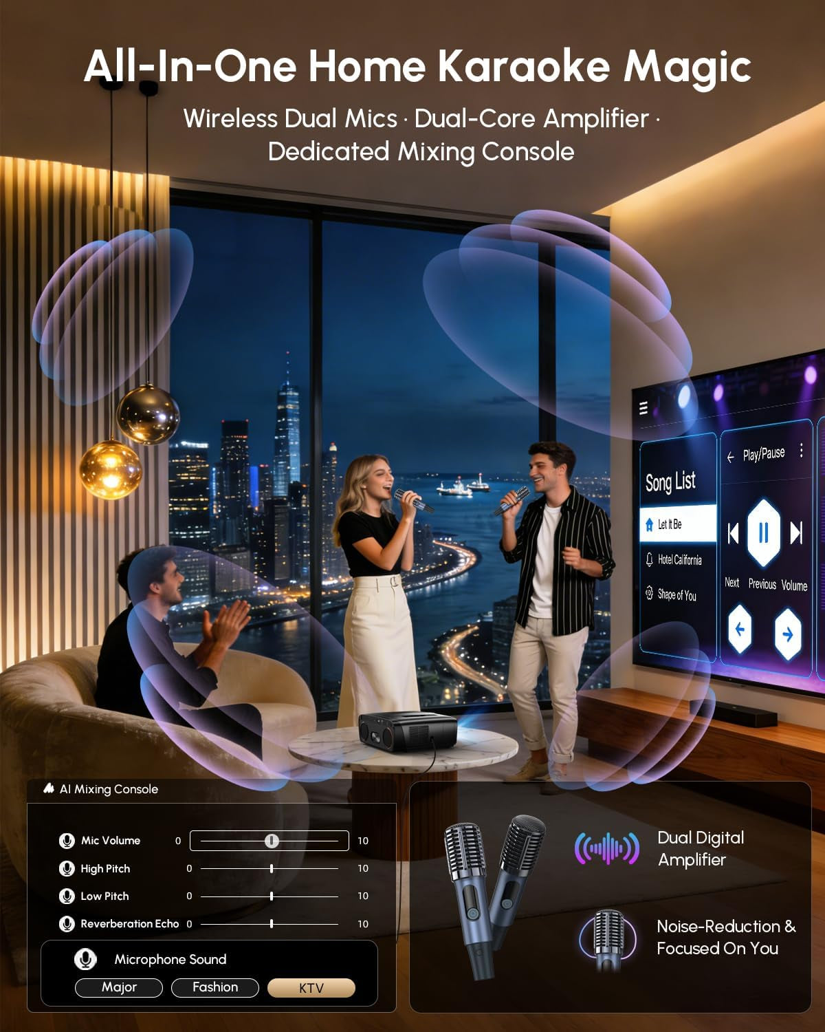 4K HDR Projector 2500ANSI with Google TV & Wireless Mics for Karaoke