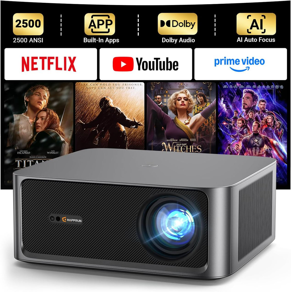2500 ANSI Lumens Outdoor Projector with Built-In Streaming Apps, 4K Decoding Resolution, Dolby Audio, Wifi 6 and Bluetooth 5.2 for Indoor and Outdoor Home Theater