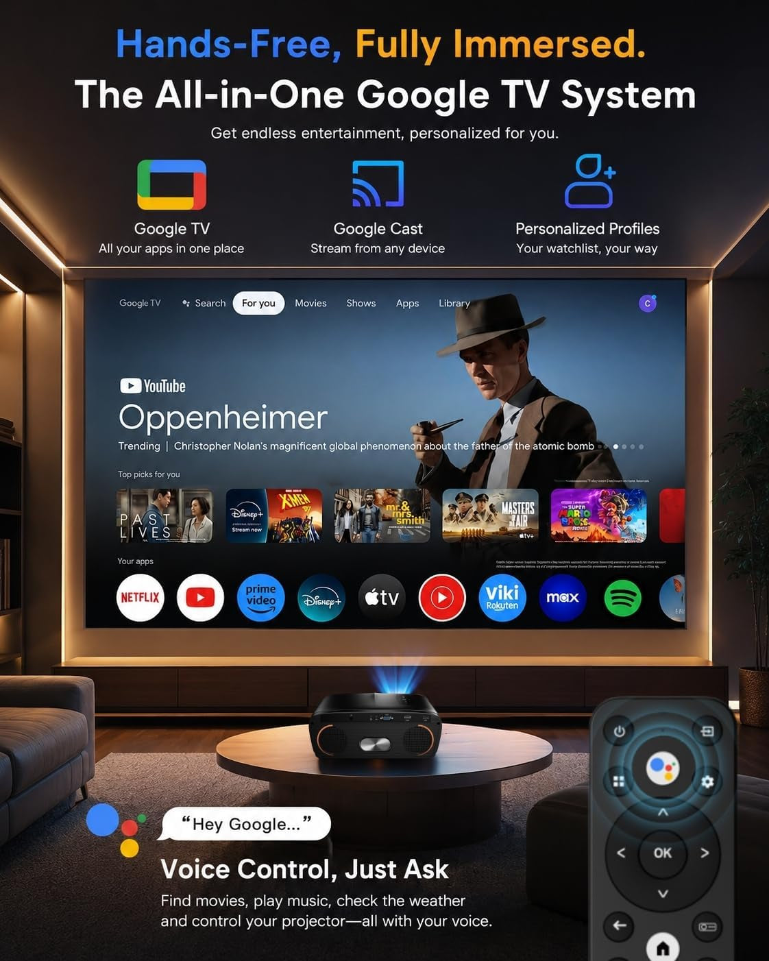 4K HDR Projector 2500ANSI with Google TV & Wireless Mics for Karaoke