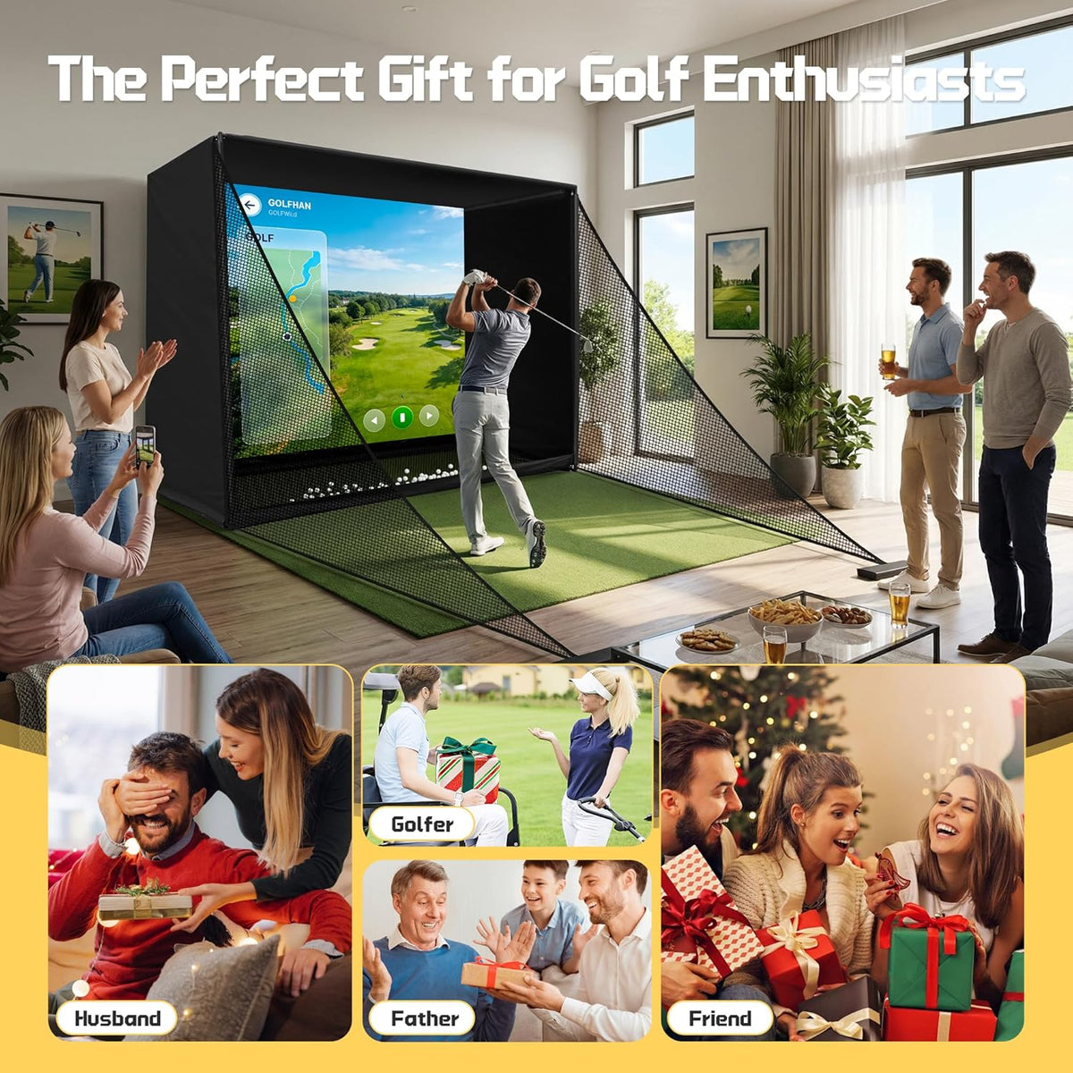 Golf Simulator Enclosure Net 10X8Ft Golf Practice Simulator with HD Impact Screen Kit & Sturdy EPE Foam-Filled Frame Golfs Cage Net with Safety Side Nets for Home Indoor Setup — product view 3
