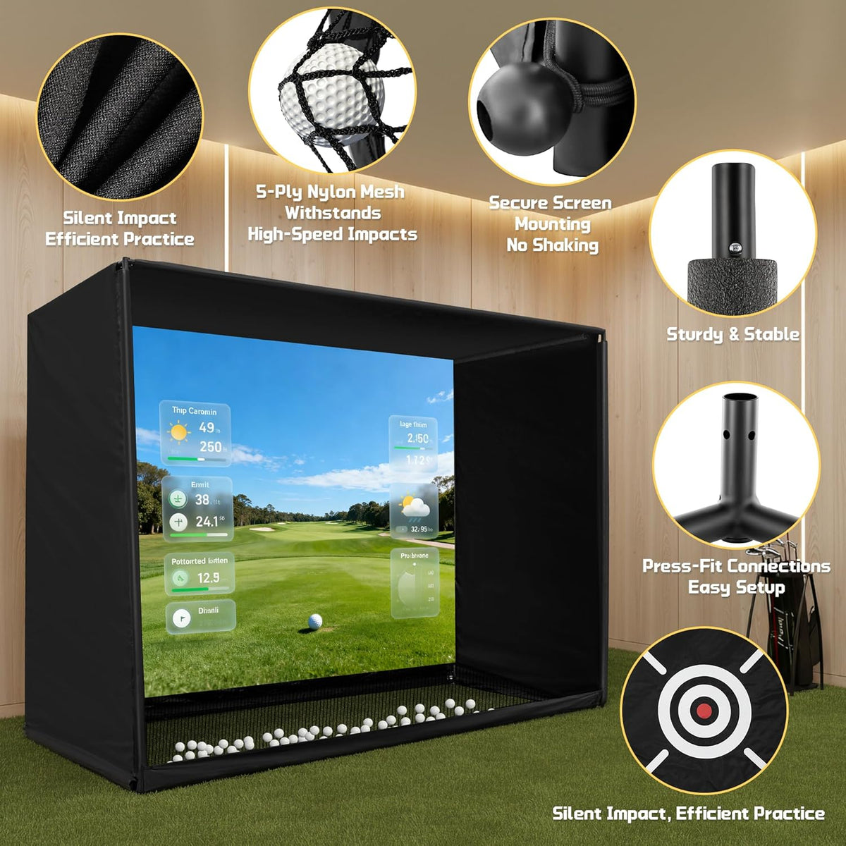 Golf Simulator Enclosure Net 10X8Ft Golf Practice Simulator with HD Impact Screen Kit & Sturdy EPE Foam-Filled Frame Golfs Cage Net with Safety Side Nets for Home Indoor Setup — product view 8