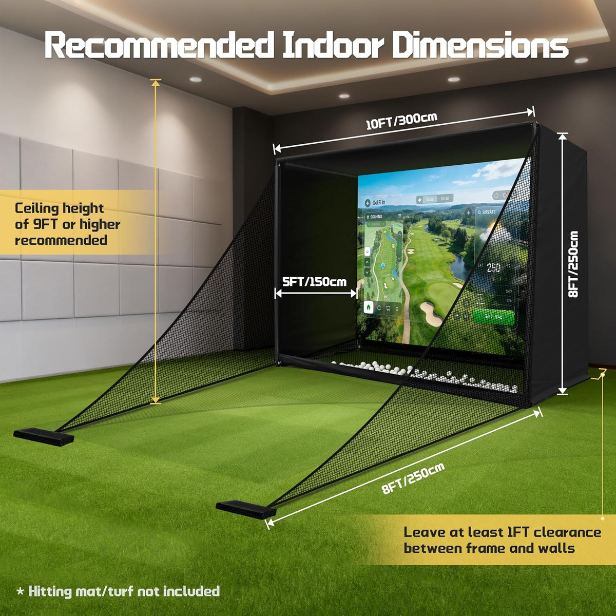 Golf Simulator Enclosure Net 10X8Ft Golf Practice Simulator with HD Impact Screen Kit & Sturdy EPE Foam-Filled Frame Golfs Cage Net with Safety Side Nets for Home Indoor Setup — product view 9